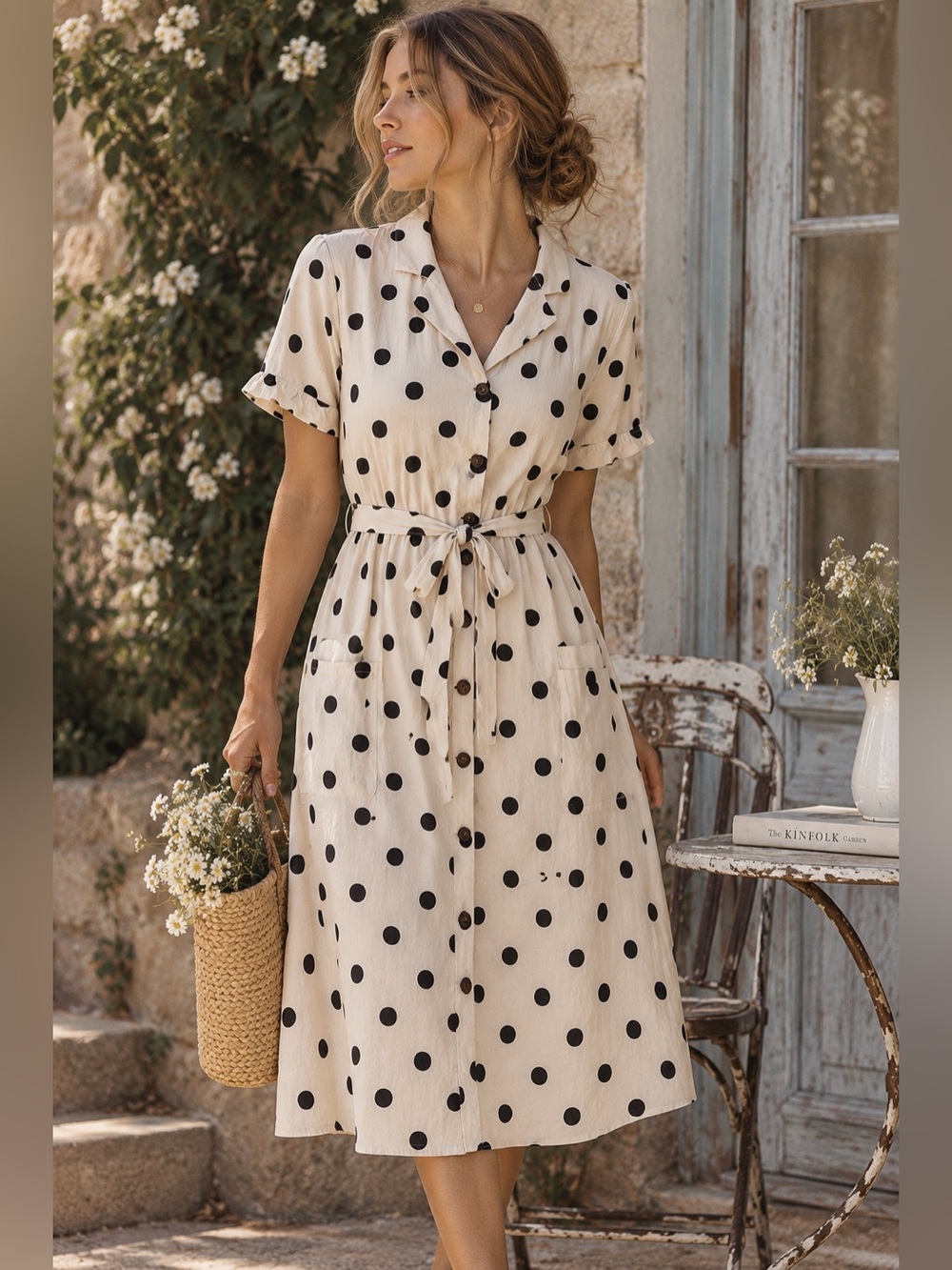 Monteau XL Black White Polka Dot Linen Blend Shirt Dress Tie Waist Pockets Retro